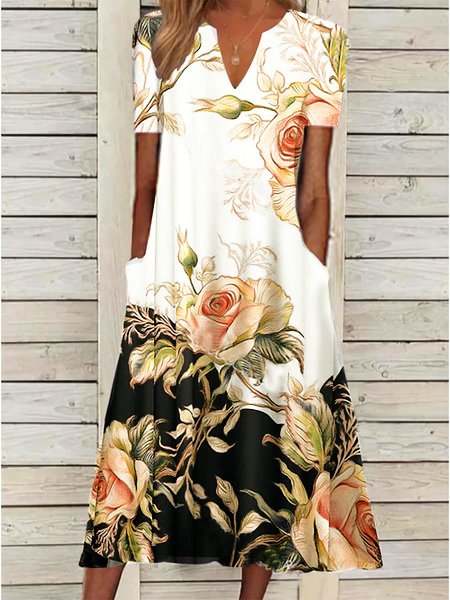 Women's Rose Print Elegant Floral Loose Maxi Summer Dress