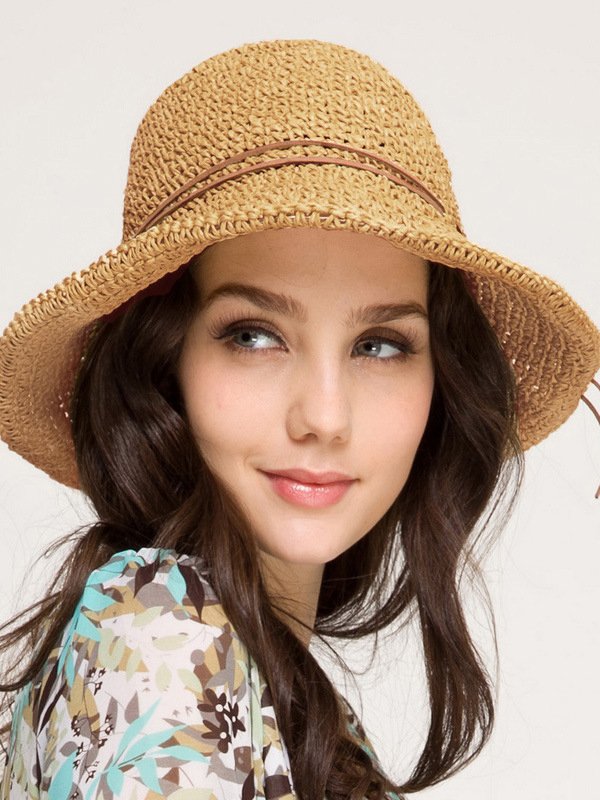 Boho Holiday Plain Leather Cord Trim Straw Hat Spring Summer Beach Accessories