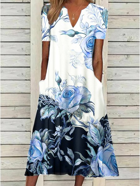 Women's Rose Print Elegant Floral Loose Maxi Summer Dress