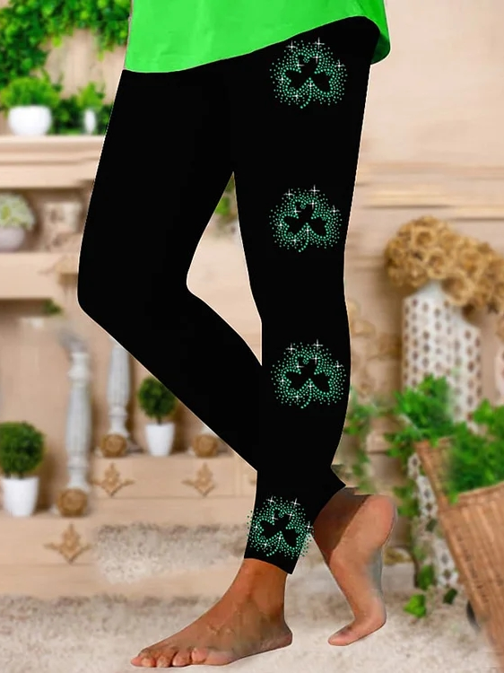 St. Patrick's Day Shamrock Print Stretch Leggings Price