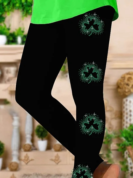 St. Patrick's Day Shamrock Print Stretch Leggings Price