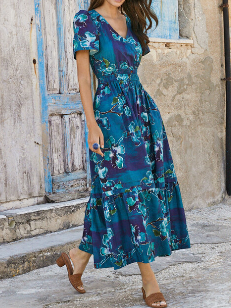 Floral Loose Casual V Neck Dress
