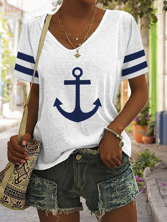 Women Sea Casual V Neck Anchor T-Shirt