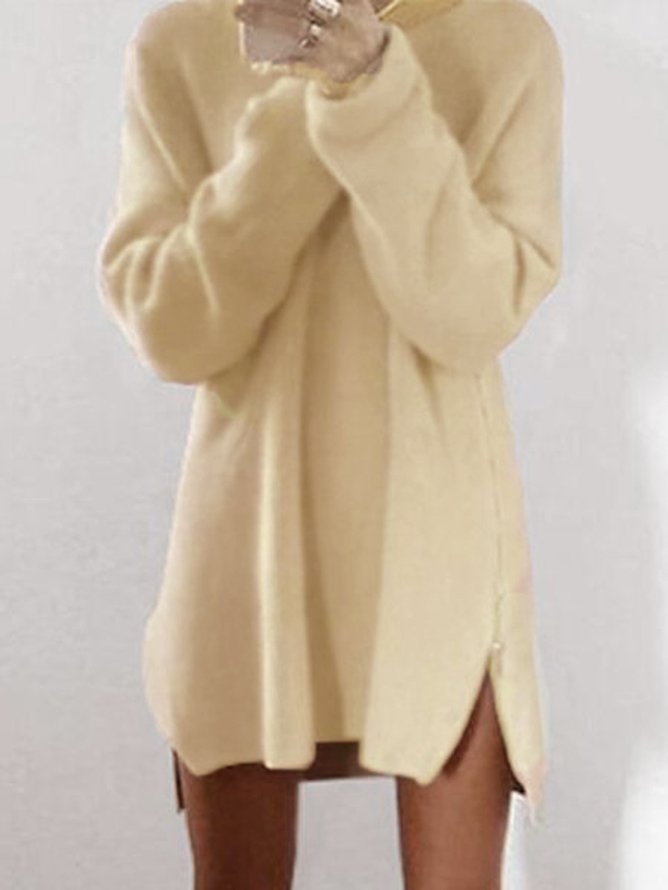 Casual Fluffy Zipper Long Sleeve Solid Knitted H-line Sweater