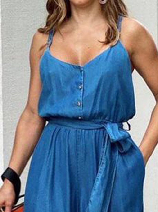 Buttoned Plain Loose Casual Jumpsuit
