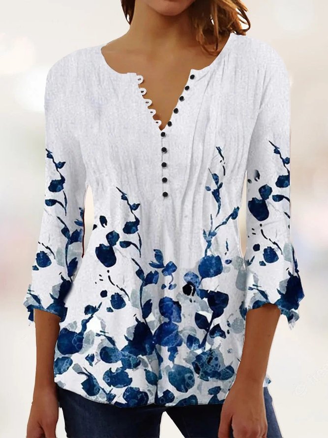 Loose Casual Floral V Neck Shirt