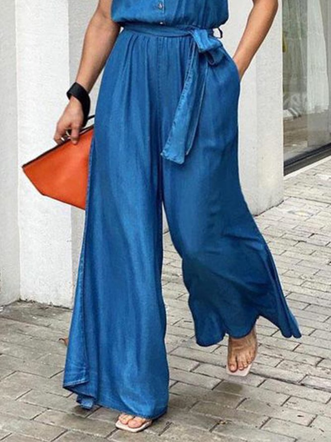 Buttoned Plain Loose Casual Jumpsuit