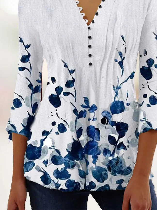 Loose Casual Floral V Neck Shirt