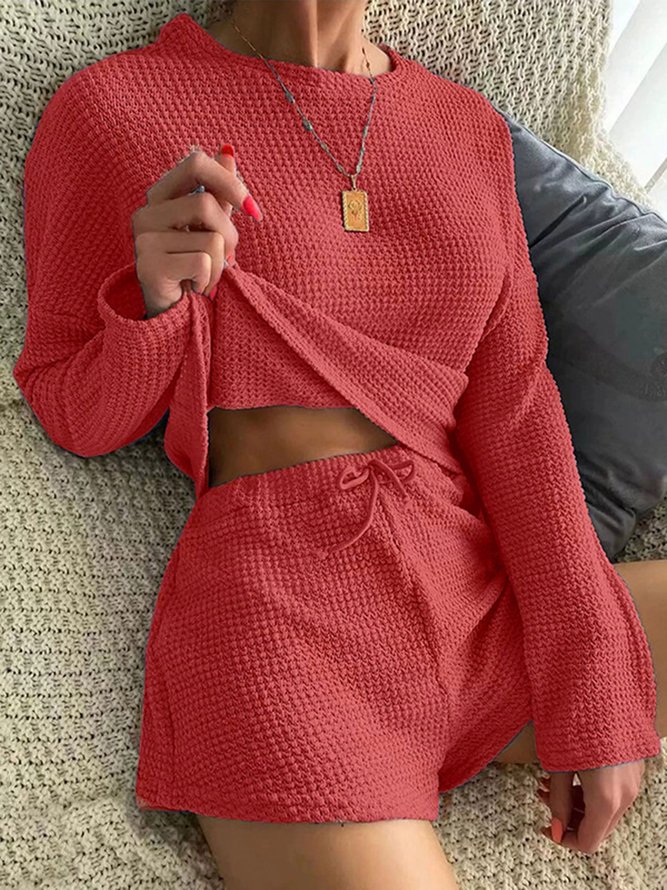 Round Neck Long Sleeve Wide Leg Shorts Waffle Comfortable Two-Piece Homewear Pajamas Plus Size