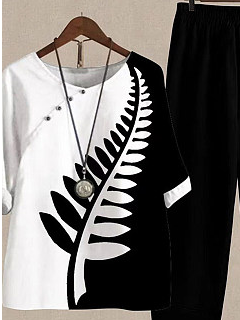 Loose Casual Leaf Crew Neck Two-Piece Set