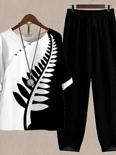 Loose Casual Leaf Crew Neck Two-Piece Set