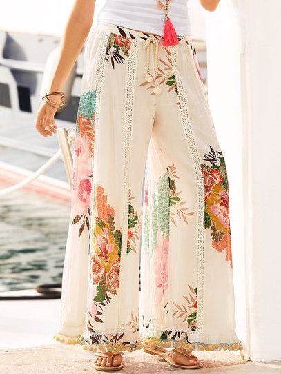 Loose Cotton-Blend Floral Casual Fashion Pants