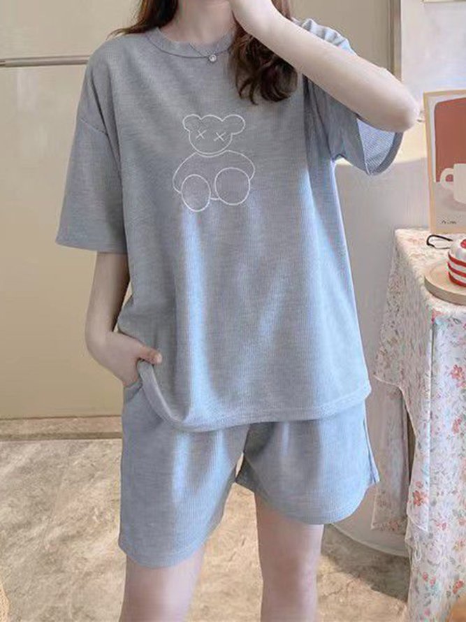 Soft and Comfortable Waffle Round Neck Short Sleeve Shorts Loose Loungewear Set