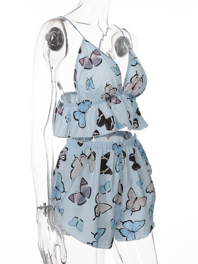 Sexy Deep V Butterfly Print Pajamas Camisole Shorts Casual Homewear Set