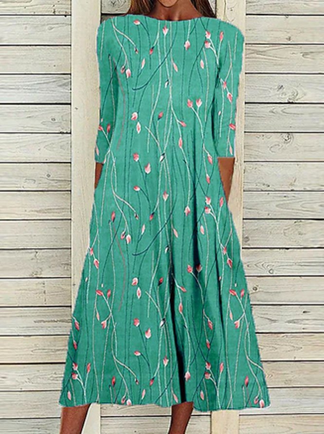 Women's A Line Dress Midi Dress Blue Half Sleeve Floral Ruched Print Spring Summer Crew Neck Casual Modern