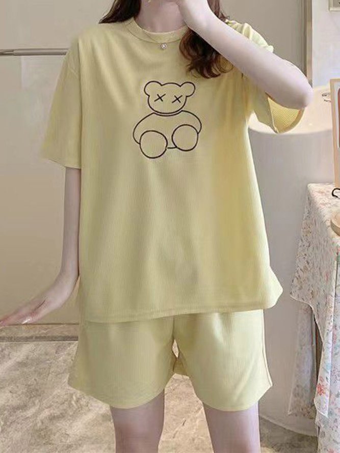 Soft and Comfortable Waffle Round Neck Short Sleeve Shorts Loose Loungewear Set