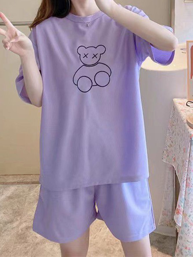 Soft and Comfortable Waffle Round Neck Short Sleeve Shorts Loose Loungewear Set