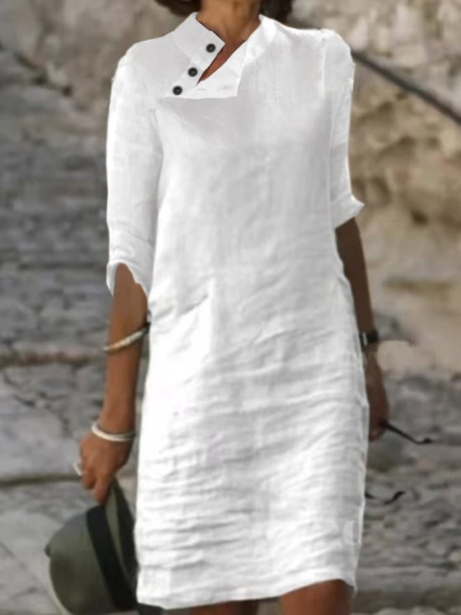 Women Plain Button Detail Casual Cotton And Linen Dress