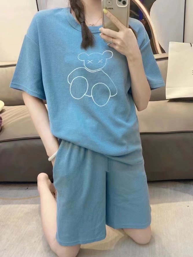 Soft and Comfortable Waffle Round Neck Short Sleeve Shorts Loose Loungewear Set