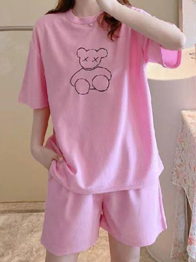 Soft and Comfortable Waffle Round Neck Short Sleeve Shorts Loose Loungewear Set