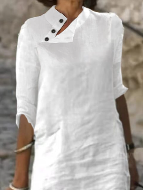 Women Plain Button Detail Casual Cotton And Linen Dress