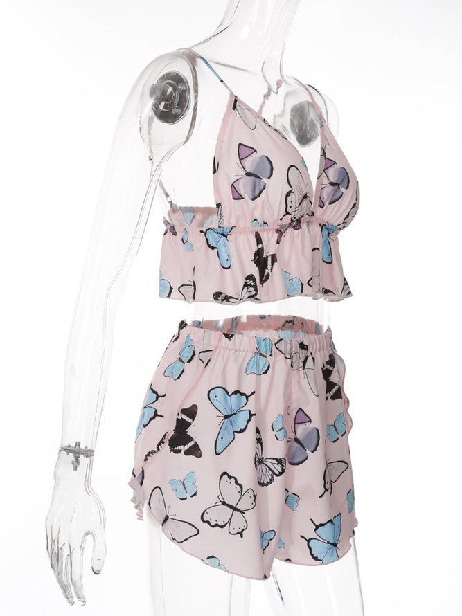 Sexy Deep V Butterfly Print Pajamas Camisole Shorts Casual Homewear Set