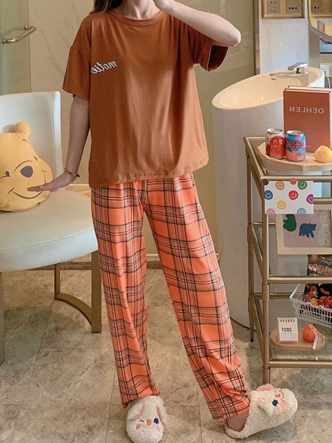 Plaid Print Pajamas Loose Round Neck Short Sleeve Trousers Homewear Set