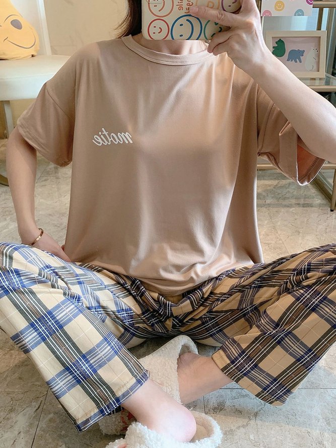 Plaid Print Pajamas Loose Round Neck Short Sleeve Trousers Homewear Set