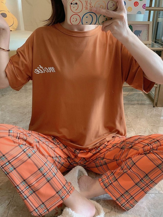 Plaid Print Pajamas Loose Round Neck Short Sleeve Trousers Homewear Set