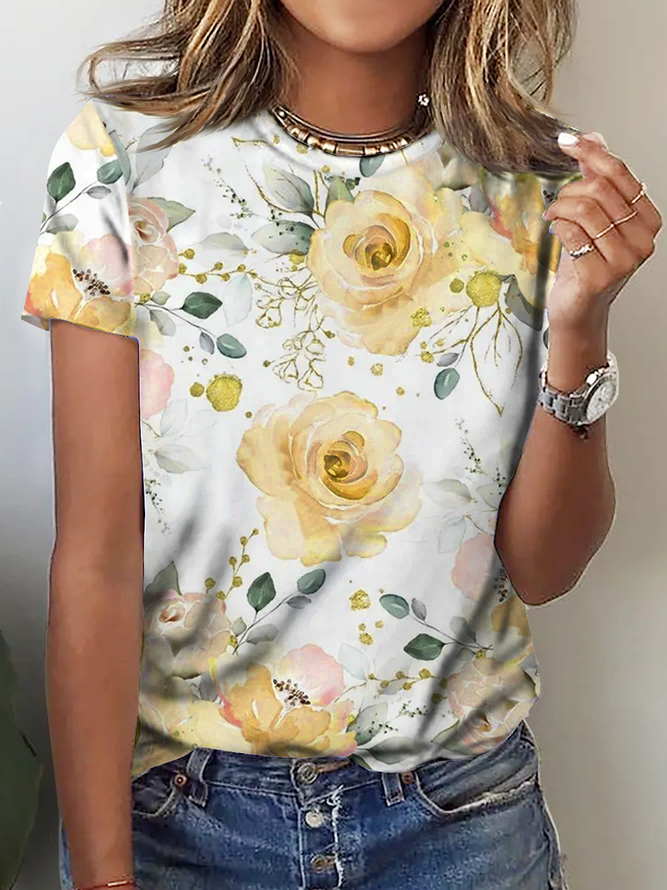 Women's Rose Print Crew Neck Floral Casual T-Shirt