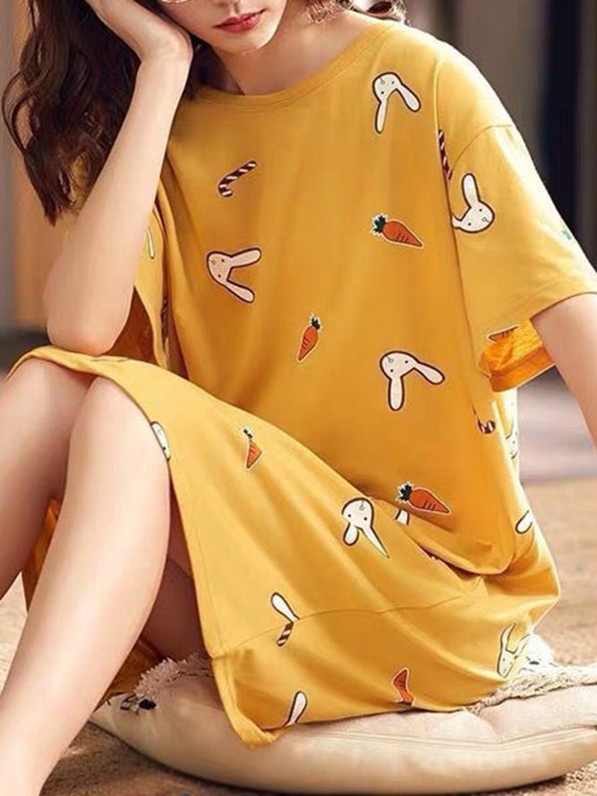 Cute Printed Loose Round Neck Short Sleeve Homewear Nightdress