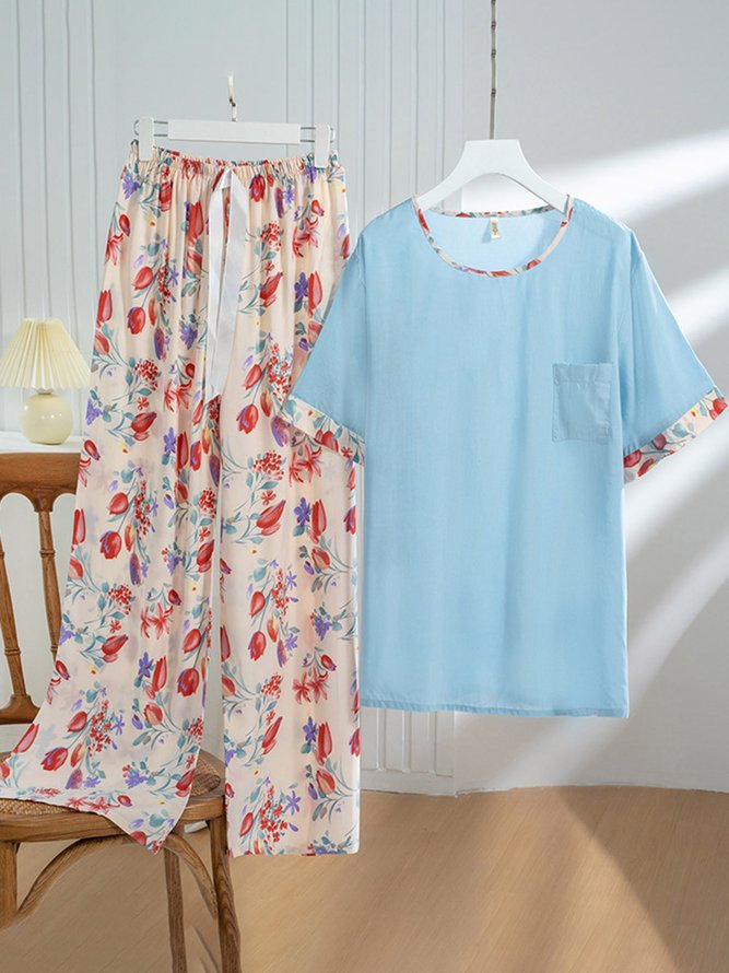 Floral Short Sleeve Trousers Pajamas Casual Homewear Set