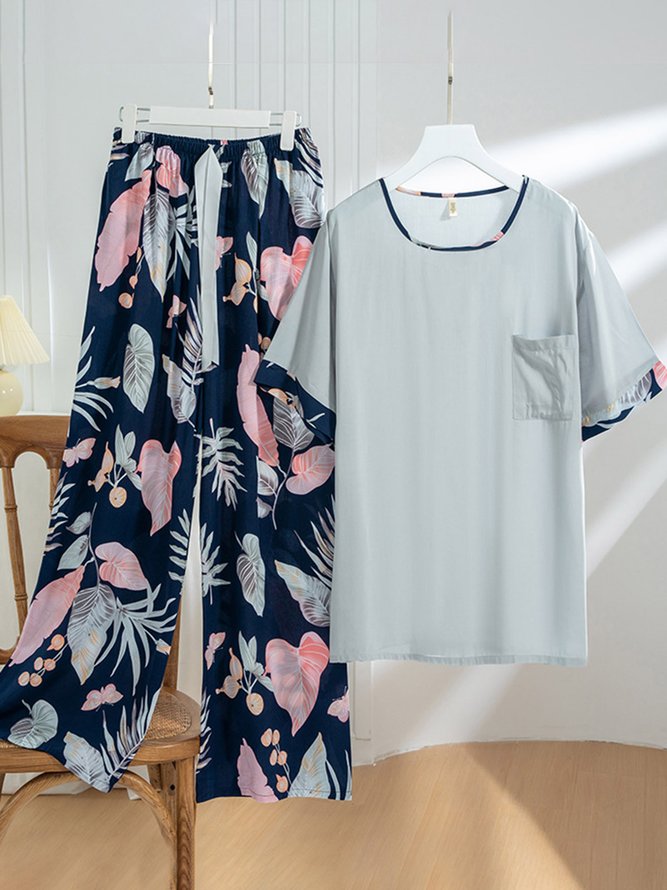 Floral Short Sleeve Trousers Pajamas Casual Homewear Set