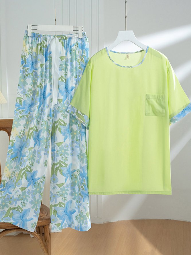 Floral Short Sleeve Trousers Pajamas Casual Homewear Set