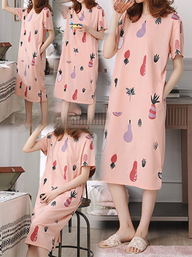 Cute Printed Loose Round Neck Short Sleeve Homewear Nightdress