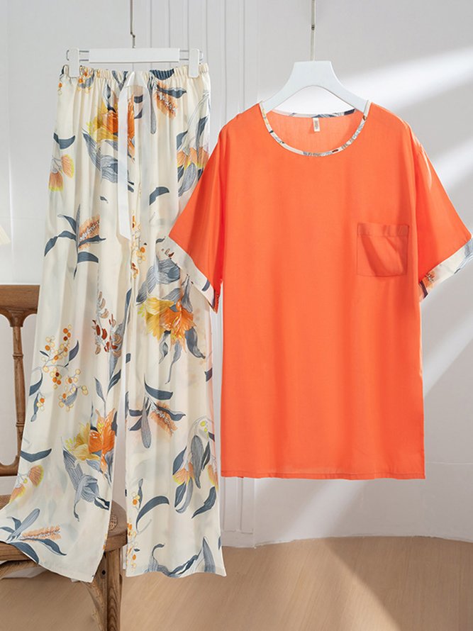 Floral Short Sleeve Trousers Pajamas Casual Homewear Set