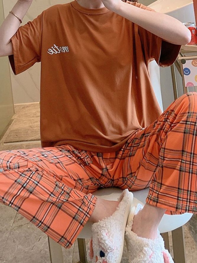 Plaid Print Pajamas Loose Round Neck Short Sleeve Trousers Homewear Set