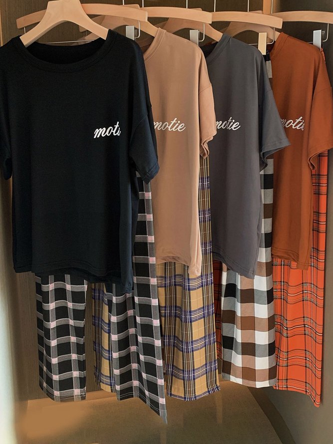 Plaid Print Pajamas Loose Round Neck Short Sleeve Trousers Homewear Set
