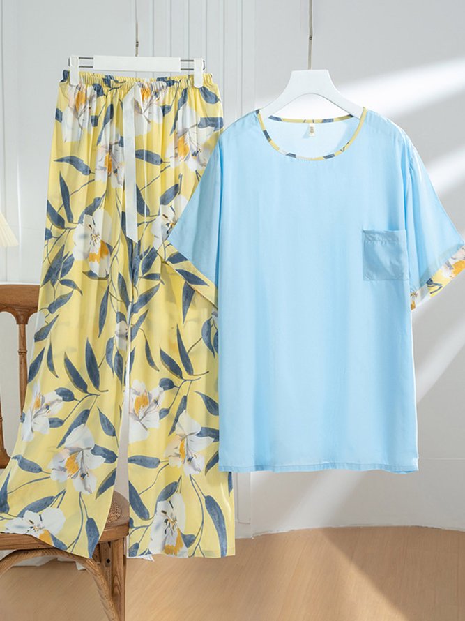 Floral Short Sleeve Trousers Pajamas Casual Homewear Set