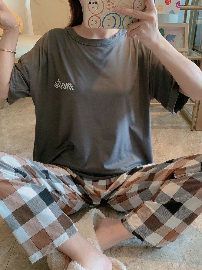 Plaid Print Pajamas Loose Round Neck Short Sleeve Trousers Homewear Set