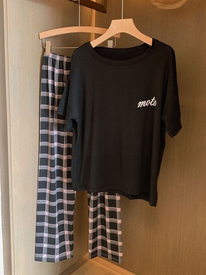 Plaid Print Pajamas Loose Round Neck Short Sleeve Trousers Homewear Set