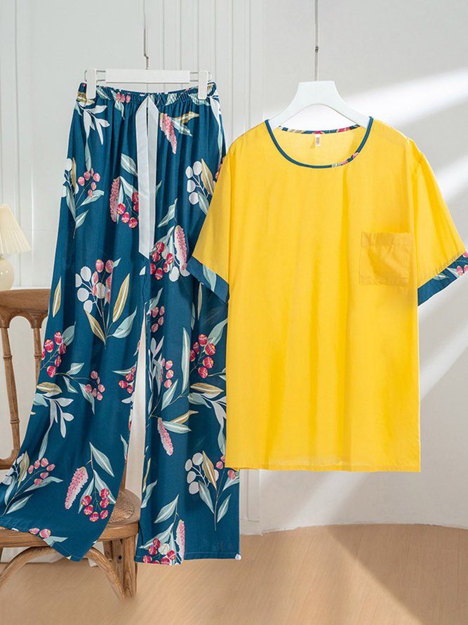 Floral Short Sleeve Trousers Pajamas Casual Homewear Set