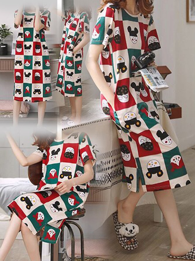 Cute Printed Loose Round Neck Short Sleeve Homewear Nightdress