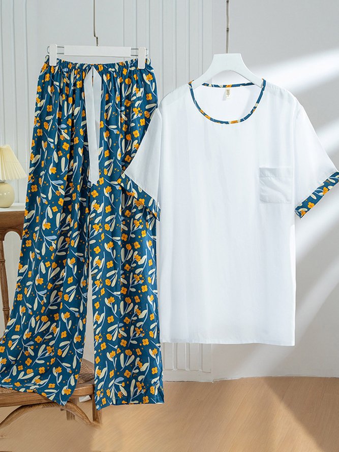 Floral Short Sleeve Trousers Pajamas Casual Homewear Set