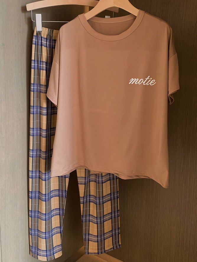 Plaid Print Pajamas Loose Round Neck Short Sleeve Trousers Homewear Set