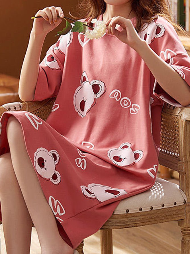 Cute Printed Loose Round Neck Short Sleeve Homewear Nightdress
