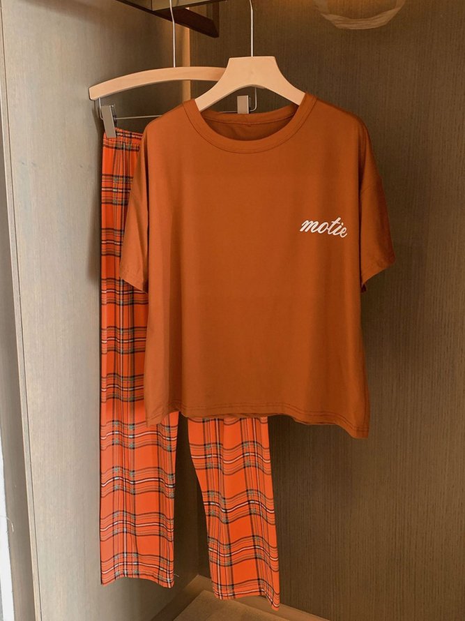Plaid Print Pajamas Loose Round Neck Short Sleeve Trousers Homewear Set