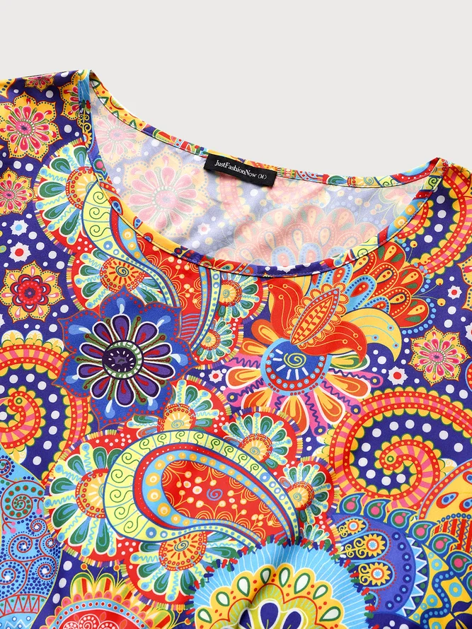 Women's Smock Dress Paisley Midi Dress Round Neck Flare Sleeve Casual Midi Smock Dress