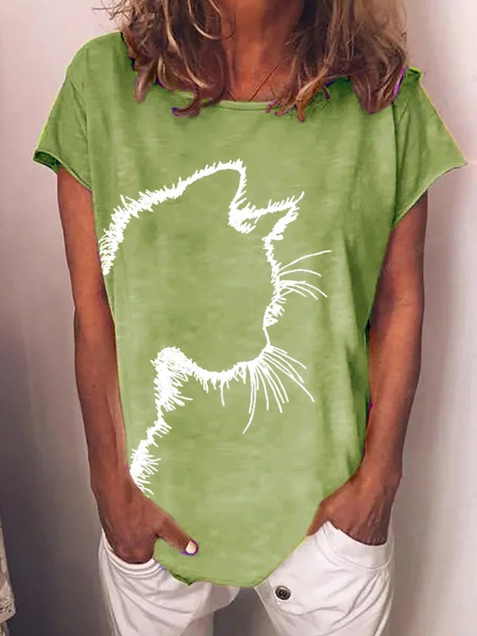 Women's Cat Print Crew Neck Short Sleeve T-shirt