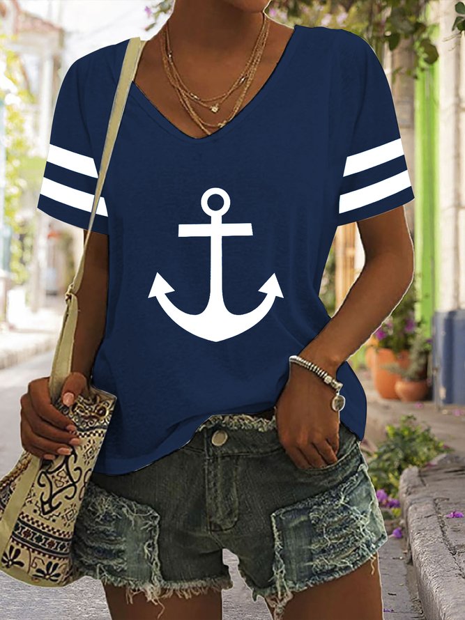 Women Sea Casual V Neck Anchor T-Shirt